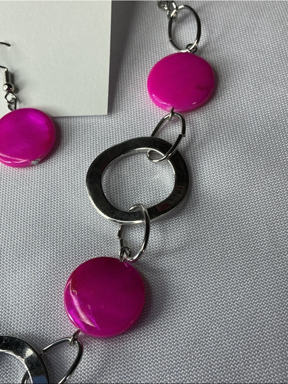 Hot Pink Statement Necklace & Earrings Set Silver Tone Bold Jewelry - Picture 3 of 5